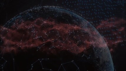 Poster - Emerging digital globe rotating with red mesh flowing through nodes, showing global data streaming