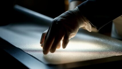 Poster - Gloved hands meticulously examining a new material, illuminated from below, highlighting the essence of innovation within a dynamic scientific research environment
