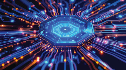 Poster - Ai chip technology circuitry with glowing lines illustrating artificial intelligence processing.