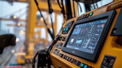 Poster - Modern technology enhancing efficiency and productivity in a bustling port terminal, with a sophisticated control panel displaying real time data and streamlining cargo operations