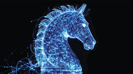 Poster - Digital abstract representation of a chess knight head against a dark black background.