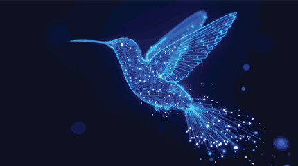 Poster - Digital hummingbird artwork depicting technology and connectivity against a deep blue background.