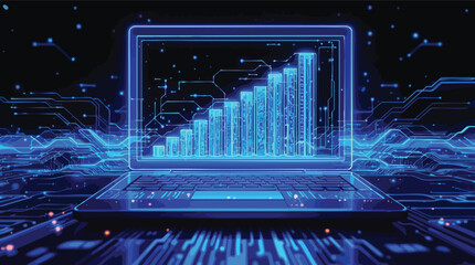Poster - Digital laptop displaying futuristic growth chart with circuit board visualization.