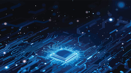 Poster - Digital processor chip with glowing circuitry and abstract data flow in blue tones.