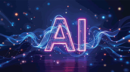 Poster - Futuristic ai technology concept featuring illuminated letters and abstract digital particles in a dark space.