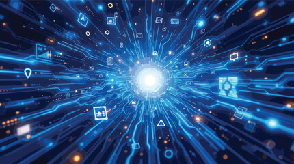Poster - Futuristic digital data processing circuit board with information technology icons and bright light.