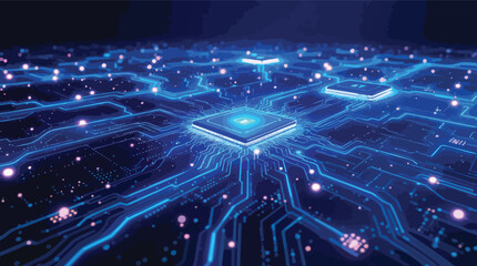 Poster - Futuristic digital circuit board with central processing unit and electronic connections.