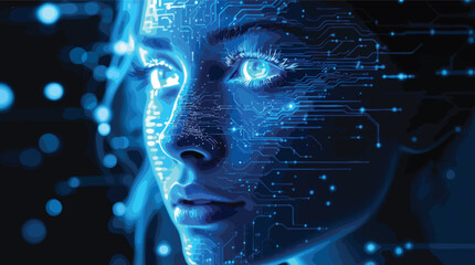 Poster - Human face digitally enhanced with circuitry emphasizing artificial intelligence and technology.