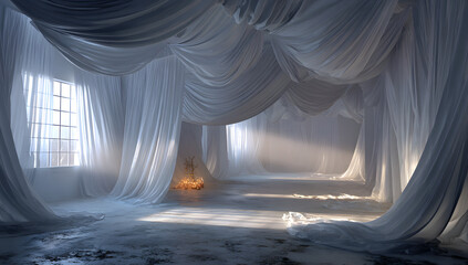 Poster - A serene white room adorned with large draped fabric panels, creating a soft and ethereal atmosphere. Light filters through the fabric