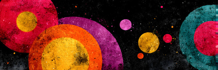 Poster - Three colorful circles with a black background. The circles are in different colors and sizes. The image has a vibrant and energetic feel to it