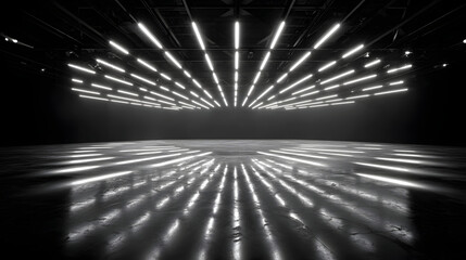 Poster - Black room with white lights shining through the ceiling. The lights are arranged in a way that creates a sense of depth and space. The room appears to be empty