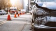 © 锴 张 - Close-up of silver car with hood and headlights damaged after accident, parked on urban street near traffic cones and emergency vehicles, highlighting wreckage under natural daylight conditions