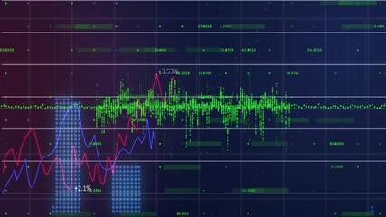 Poster - Grid pulse starting green wave pulsing red blue lines rising and bars forming showing market data