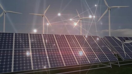 Poster - Flickering digital overlay forming network linking turbines as sun glinting panels, blades spinning