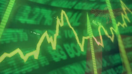 Poster - Yellow-green graph emerging, oscillating on tickers with eagle and visualizing market volatility