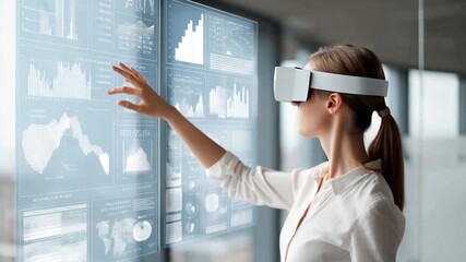 Poster - Woman in VR Headset Interacting with Holographic Data Interface