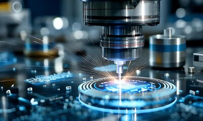 Poster - A close-up of an advanced laboratory machine with blue laser lights shining on the surface, creating intricate patterns and textures on a transparent circular glass plate placed below it. 