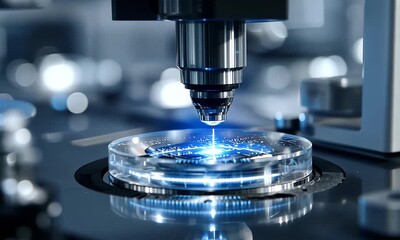 Poster - A close-up of an advanced laboratory machine with blue laser lights shining on the surface, creating intricate patterns and textures on a transparent circular glass plate placed below it. 