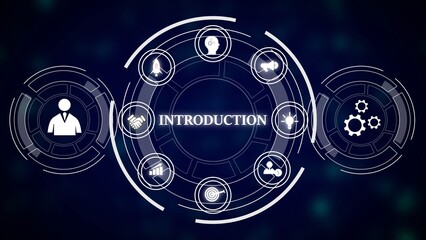Poster - Abstract Dark Blue Background Circular Technology Introduction Concept White Icons Business Startup Teamwork Gears Target Idea Lightbulb Handshake Person Graph