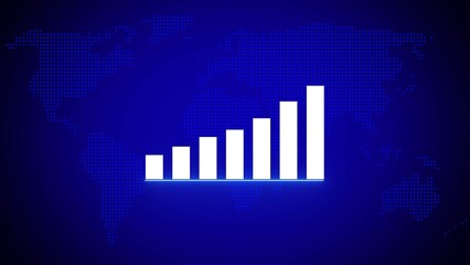 Poster - Ascending White Bar Graph on Blue Global Dotted Map Background Business Growth Chart Data Visualization
