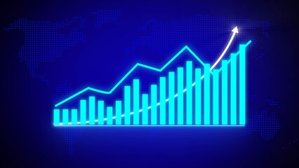 Poster - Cyan Blue Bar Graph Upward Trend Global Growth Chart World Map Background Data Visualization Financial Success Business Analytics Statistics