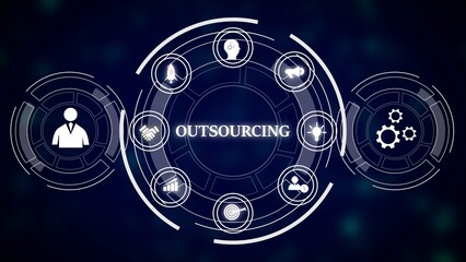Poster - Outsourcing Concept Dark Blue Background White Circular Icons Businessman Teamwork Gears Target Idea Rocket Chart