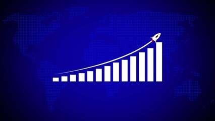 Poster - White Bar Graph Ascending Curve Rocket Ship Blue World Map Background Chart Bars Growth Success Global Business Finance