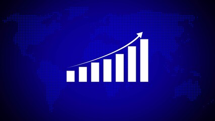 Poster - White Bar Graph Showing Growth Upward Trending Arrow Blue Global Map Background Dotted Pattern chart