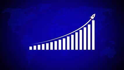 Poster - White bar graph showing exponential growth upward trend a rocket launching atop the highest bar against a dark blue world map background