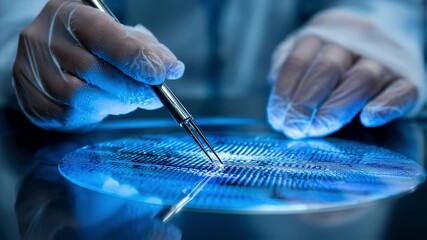 Poster - Gloved scientist meticulously examining silicon wafer with tweezers, illuminated by blue light, in high tech laboratory setting, symbolizing innovation and technological advancement