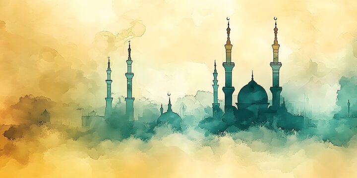 Aquamarine, mosque, eid card.