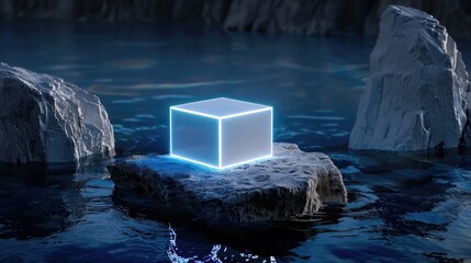Fototapete - Abstract white cube illuminated by blue neon, floating in moody dark setting