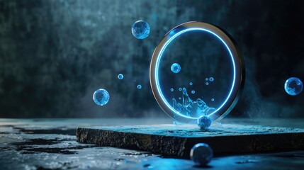 Wall Mural - glowing circular portal with floating spheres in dark background, symbolizing time or dimension