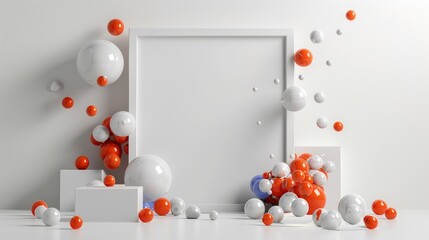 Poster - Abstract white frame at center with floating spheres in dynamic layout, highlighting contrast and depth