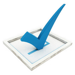Poster - A bold blue check mark is placed inside a white square checkbox on a textured surface against a black background