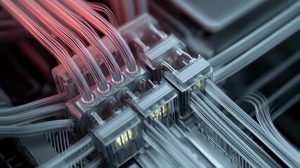 Aufkleber - Fiber optic cables transmit data through a complex network of futuristic servers, ensuring high speed connectivity and efficient data transfer in a cutting edge technological environment