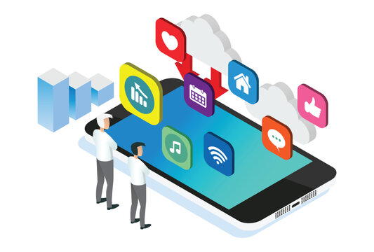 Modern Isometric Social Media Marketing Illustration, Suitable for Diagrams, Infographics, Book Illustration, Game Asset, And Other Graphic Related Assets