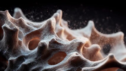 Poster - Tiny particles floating around an innovative porous material with a granular structure, creating a visually appealing contrast against a dark background