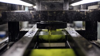 Poster - automated industrial equipment processes green material on a conveyor belt, showcasing advanced manu