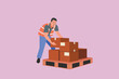 © ST.art - Warehouse employee in safety vest stacking cardboard boxes on a pallet, logistics staff organizing packages for storage or shipment inside distribution center, flat vector illustration