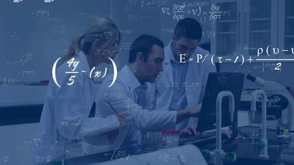 Poster - Seated man glancing at monitor and pointing data in lab, equations overlaying team studying results