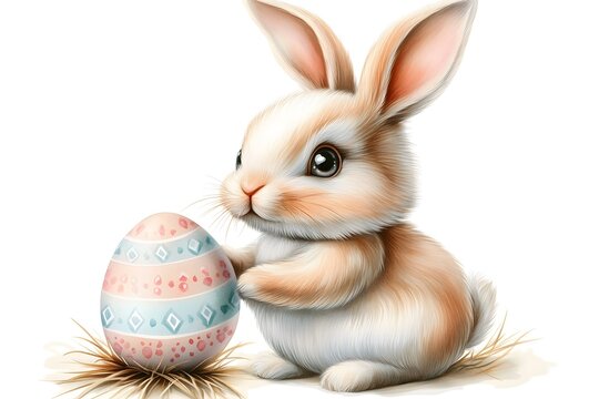 Easter bunny with egg, watercolor.
