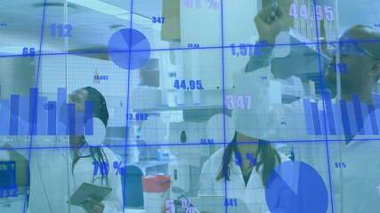 Poster - Three scientists adjusting lab equipment, generating overlay data charts monitoring experiment