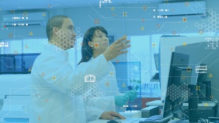 Poster - Medical technicians inserting sample into analyzer, pointing graphs on monitor, confirming analysis