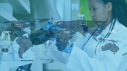 Poster - Female scientist adjusting microscope eyepiece and initiating world map showing global data in lab