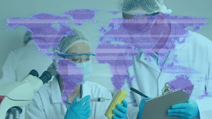 Poster - Woman aligning syringe injecting corn while colleague logging crop data with world map overlay