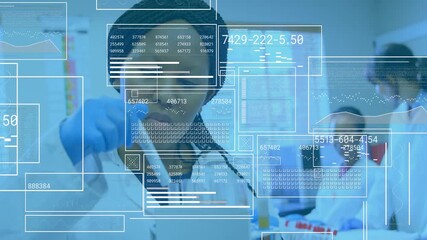 Poster - Woman scientist in lab lifting test tube and reaching for pipette, activating UI panel for analysis