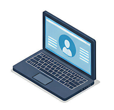 Isometric illustration of a laptop computer with a user profile displayed on the screen.