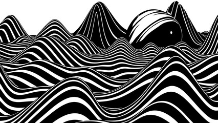 - Black and white striped hills with a large striped sphere in the background creating an optical illusion created with generated ai