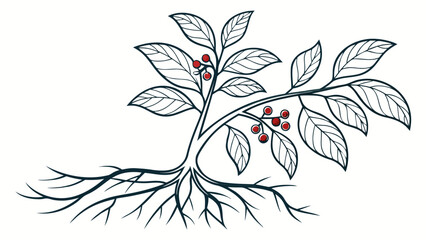 Poster - Illustration of a plant with leaves roots and red berries in black outline on a white background created with generated ai